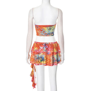 Hollow out print ruffle A line tube mini skirt set