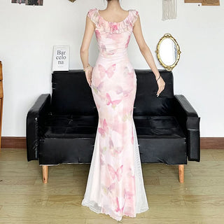 Mesh v neck ruffle butterfly print maxi dress