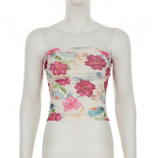 Ruched flower print backless tube top