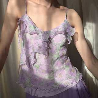 V neck ruffle flower print contrast cami top