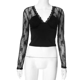 Long sleeve v neck lace hem mesh solid top