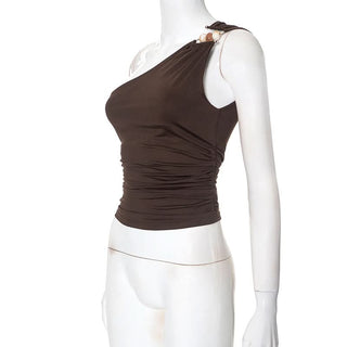 One shoulder irregular ruched beaded solid top