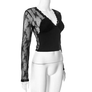 Long sleeve v neck lace hem mesh solid top