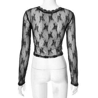 Long sleeve v neck lace hem mesh solid top