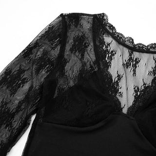 Long sleeve v neck lace hem mesh solid top