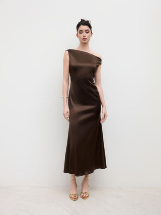 Satin Asymmetrical Neck Backless Maxi Dress