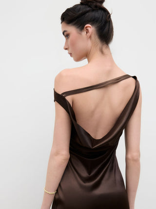 Satin Asymmetrical Neck Backless Maxi Dress