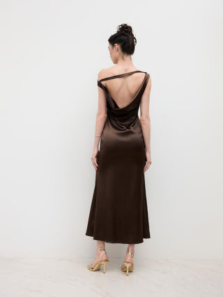 Satin Asymmetrical Neck Backless Maxi Dress