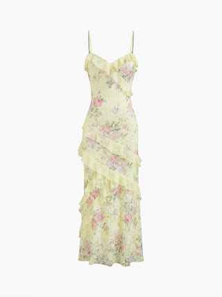 Lace V-neck Floral Ruffle Maxi Dress