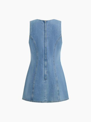 Denim Solid Zipper Sleeveless Mini Dress