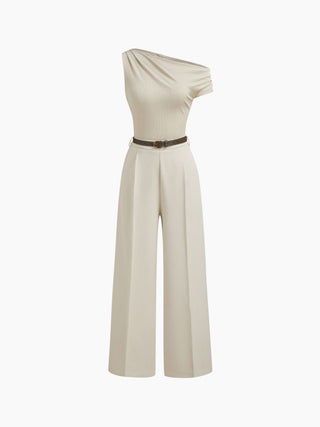 Asymmetrical Neck Ruched Jumpsuit With Belt