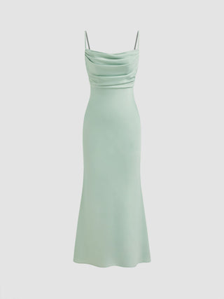 Satin Square Neck Ruched Lace Maxi Dress
