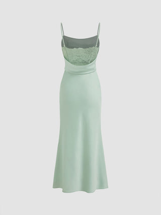 Satin Square Neck Ruched Lace Maxi Dress