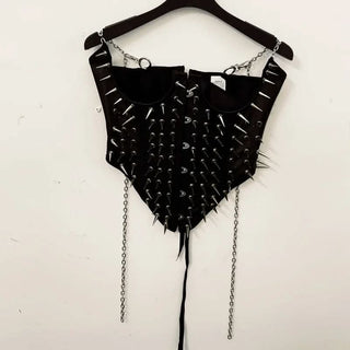 Metal chain rivet applique corset pleated mini skirt set