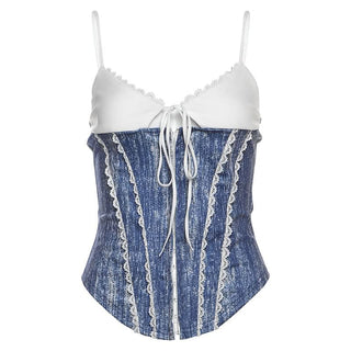 V neck lace hem self tie cami top