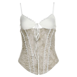 V neck lace hem self tie cami top