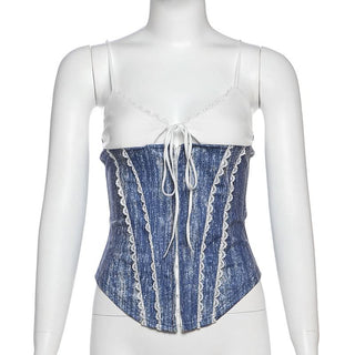 V neck lace hem self tie cami top