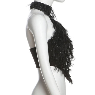 Halter fluffy backless crop top