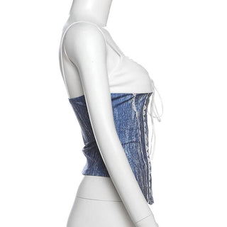 V neck lace hem self tie cami top