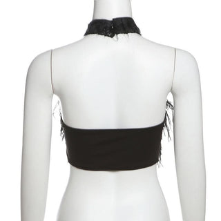 Halter fluffy backless crop top
