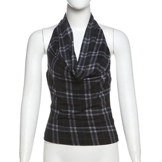 Halter cowl neck plaid backless top