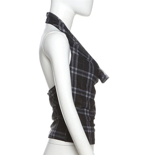 Halter cowl neck plaid backless top