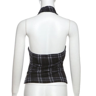 Halter cowl neck plaid backless top