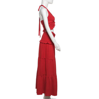 Halter ruffle backless solid maxi skirt set