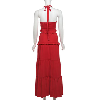 Halter ruffle backless solid maxi skirt set