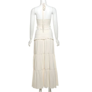 Halter ruffle backless solid maxi skirt set