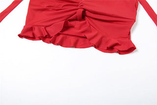 Halter ruffle backless solid maxi skirt set