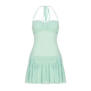 Halter drawstring ruched mesh mini dress