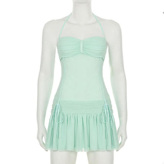 Halter drawstring ruched mesh mini dress