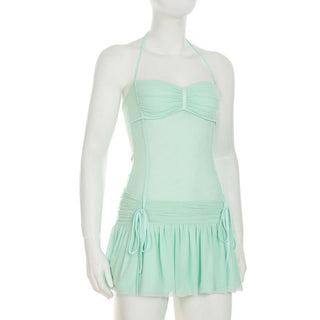 Halter drawstring ruched mesh mini dress