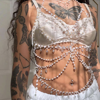 Faux pearl beaded body chain hollow out cut out top