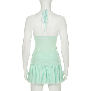 Halter drawstring ruched mesh mini dress
