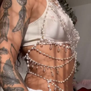 Faux pearl beaded body chain hollow out cut out top
