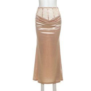 Satin lace patchwork ruched maxi skirt