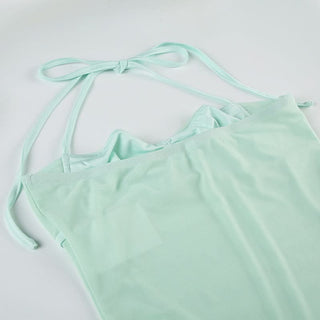 Halter drawstring ruched mesh mini dress