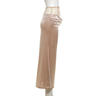 Satin lace patchwork ruched maxi skirt
