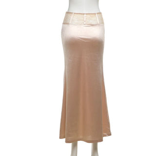 Satin lace patchwork ruched maxi skirt