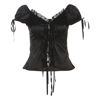 Self tie lace hem ruched top