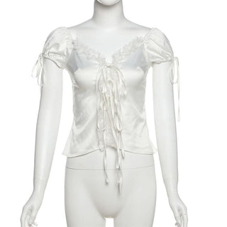 Self tie lace hem ruched top