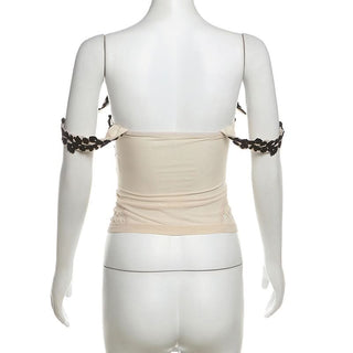 Off shoulder flower applique button top