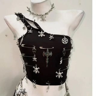 One shoulder cross applique backless top