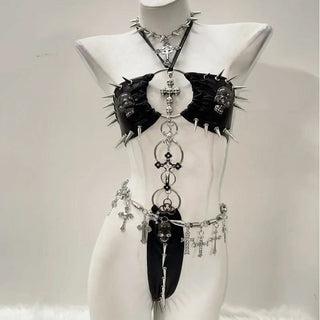 Halter rivet applique o ring bodysuit