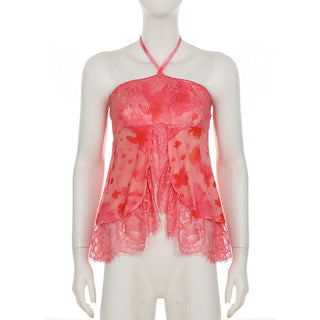 Halter lace hem flower print top