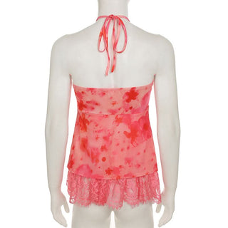 Halter lace hem flower print top