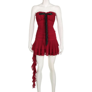 Bowknot ruffle mesh ruched mini dress