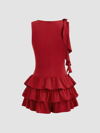 Boat Neck Ruched Ruffle Hem Layered Micro Romper